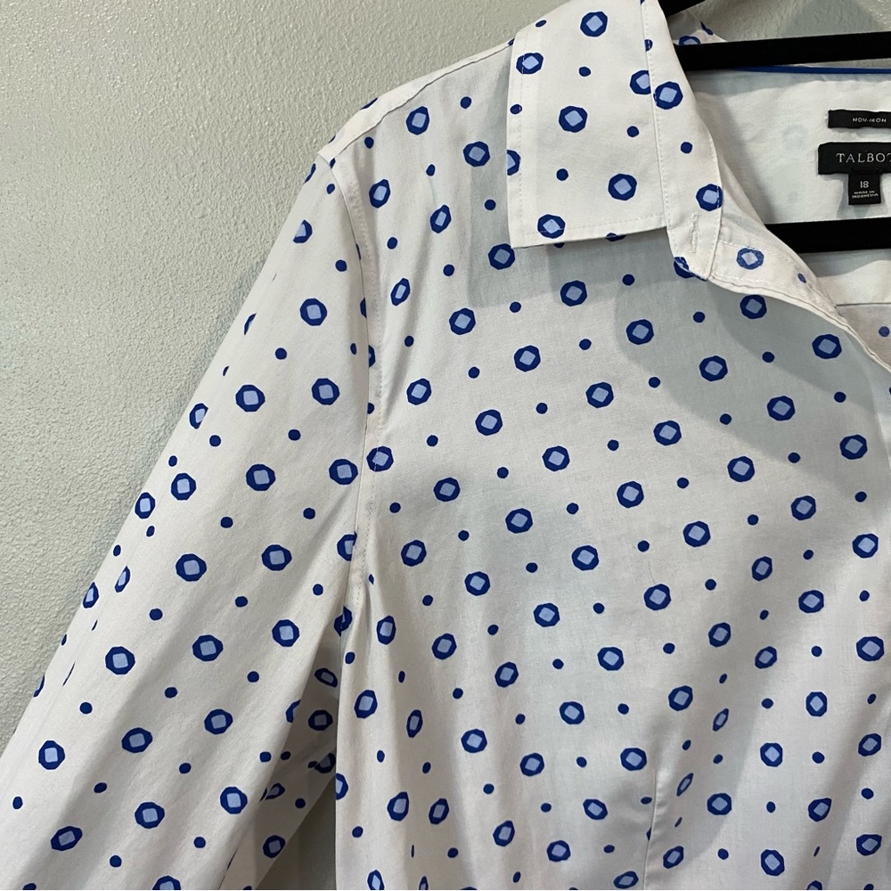 Talbots Button Front Shirt Blouse Geometric Pattern Print White Blue 18 - Picture 6 of 7